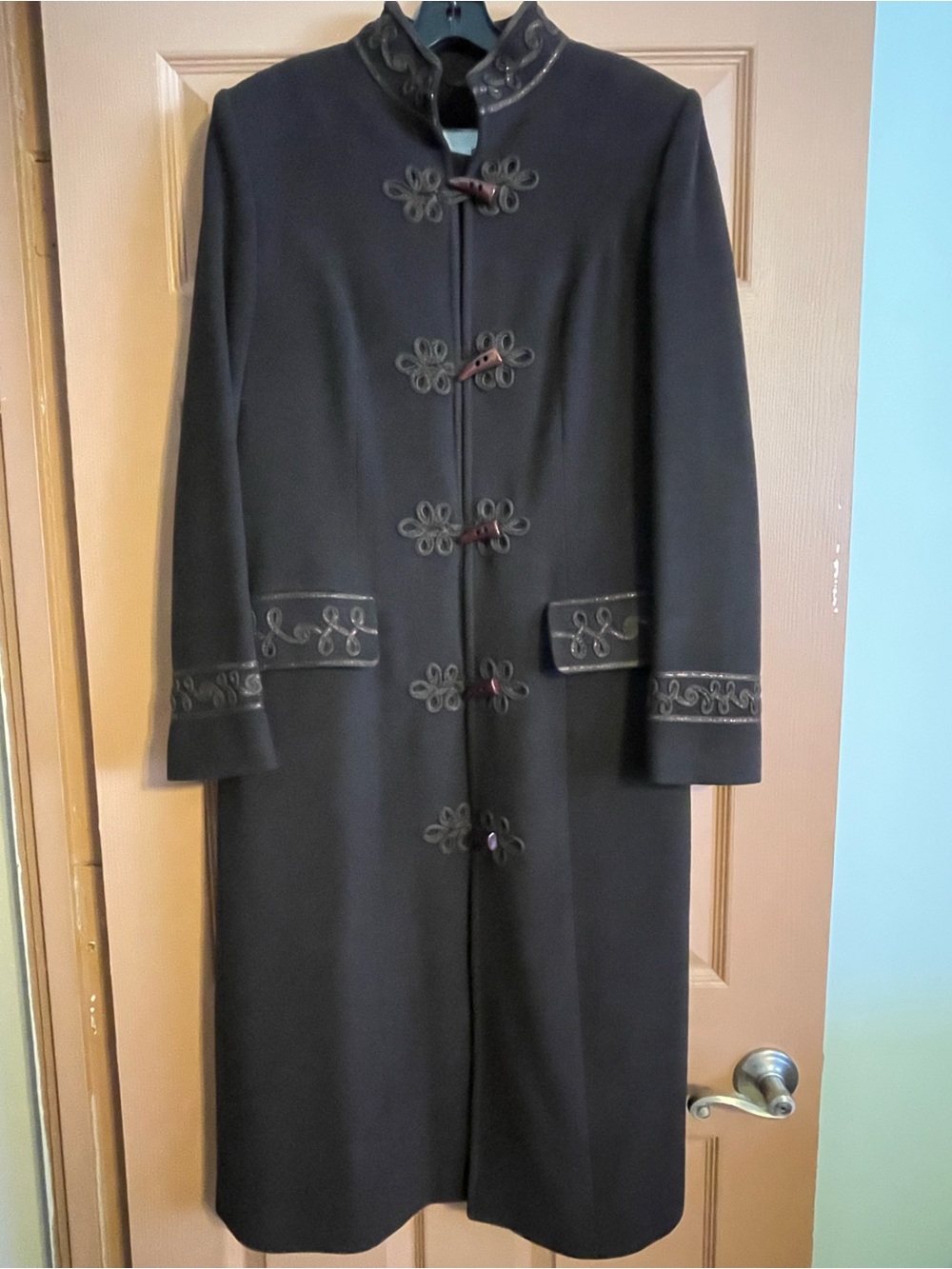 Women's Long Brown Embroidered Toggle Coat